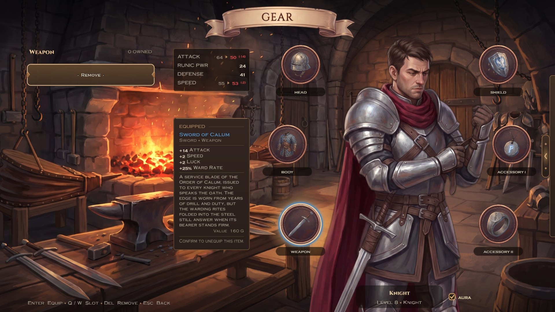 Gear scene: equipment at the blacksmith's workbench with a detailed item info box.
