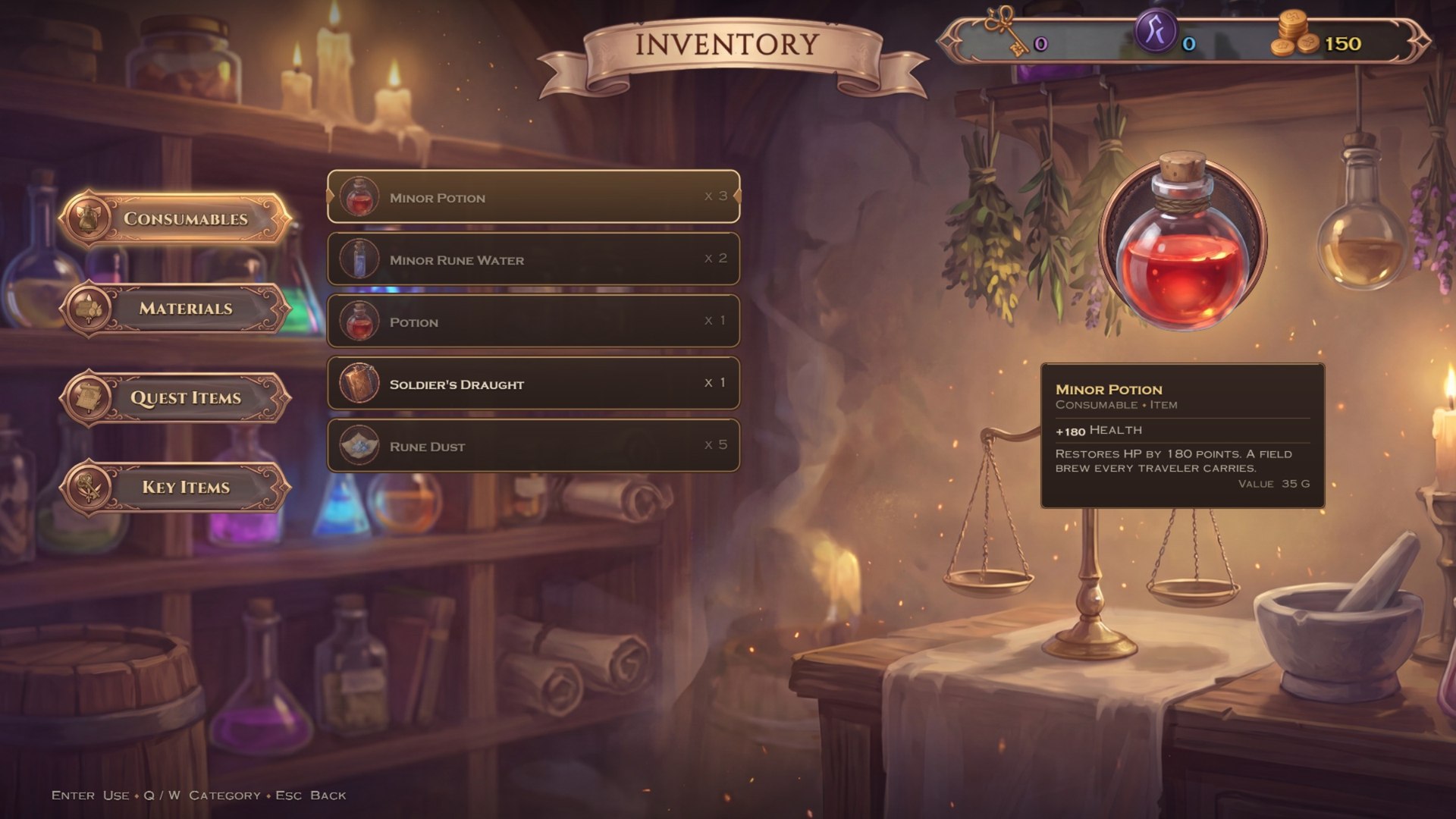 The inventory as an apothecary's chamber, including Rune Dust for unidentified loot.