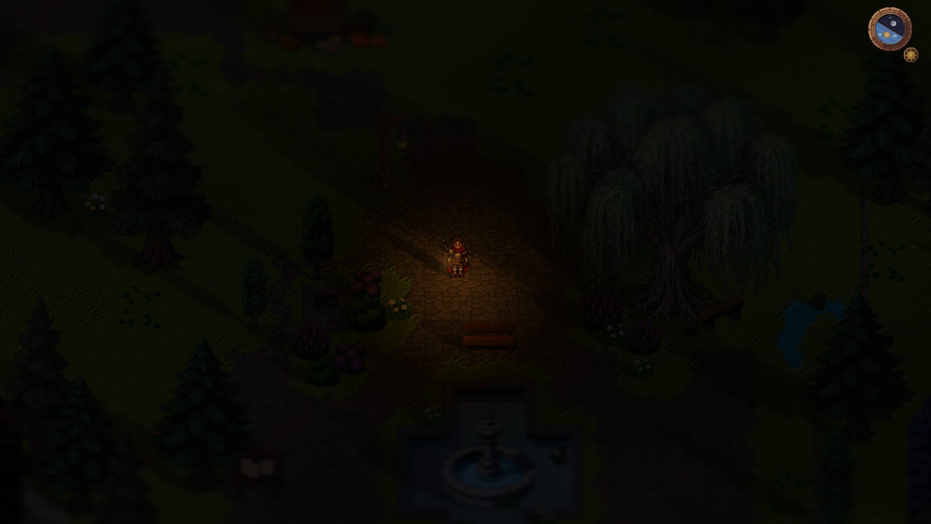 Night in Gr&uuml;nthal: the global player light guides you safely through the village.