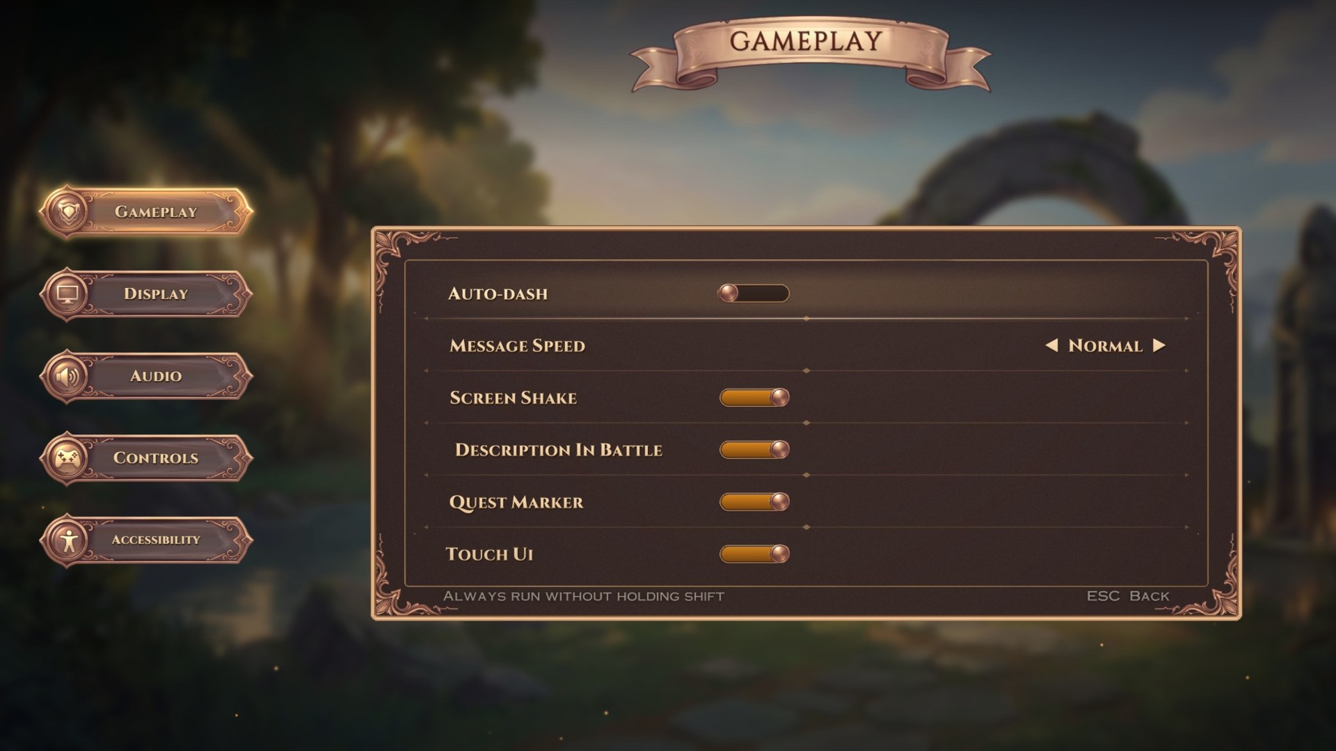 Options v3: clear tabs for gameplay, display, audio, controls and accessibility.