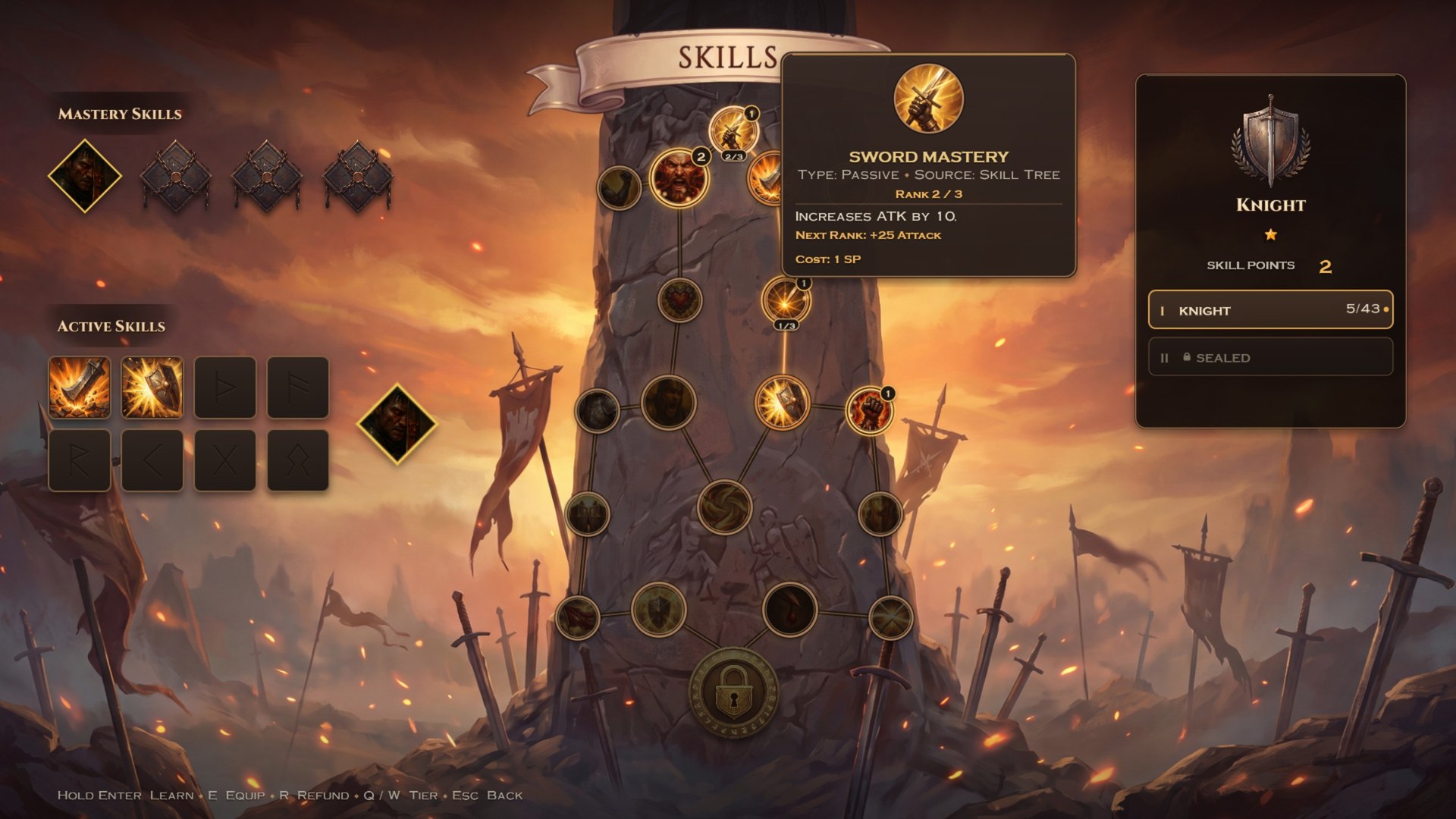 Skills on the war monolith: ranks, tooltips and mastery diamonds.