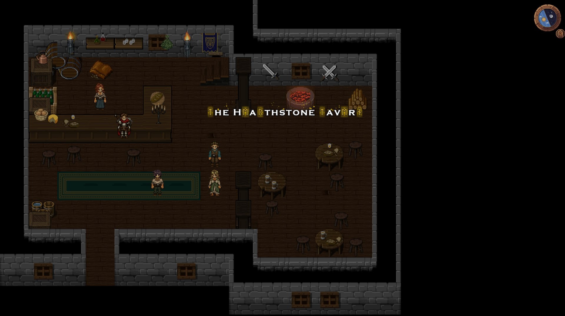 In the evening the Hearthstone Tavern fills up: NPCs follow real daily routines.