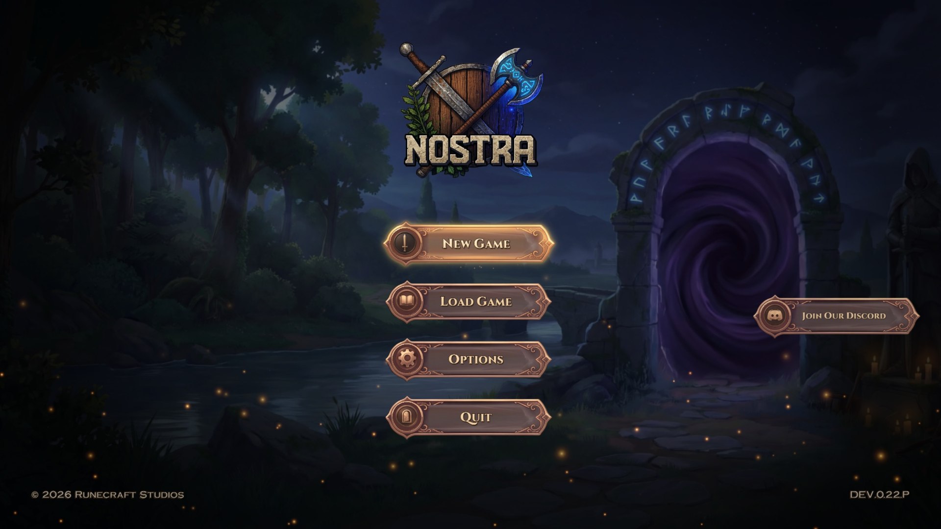 The new title screen: framed chrome menu, the portal, and DEV.0.22.P in the footer.
