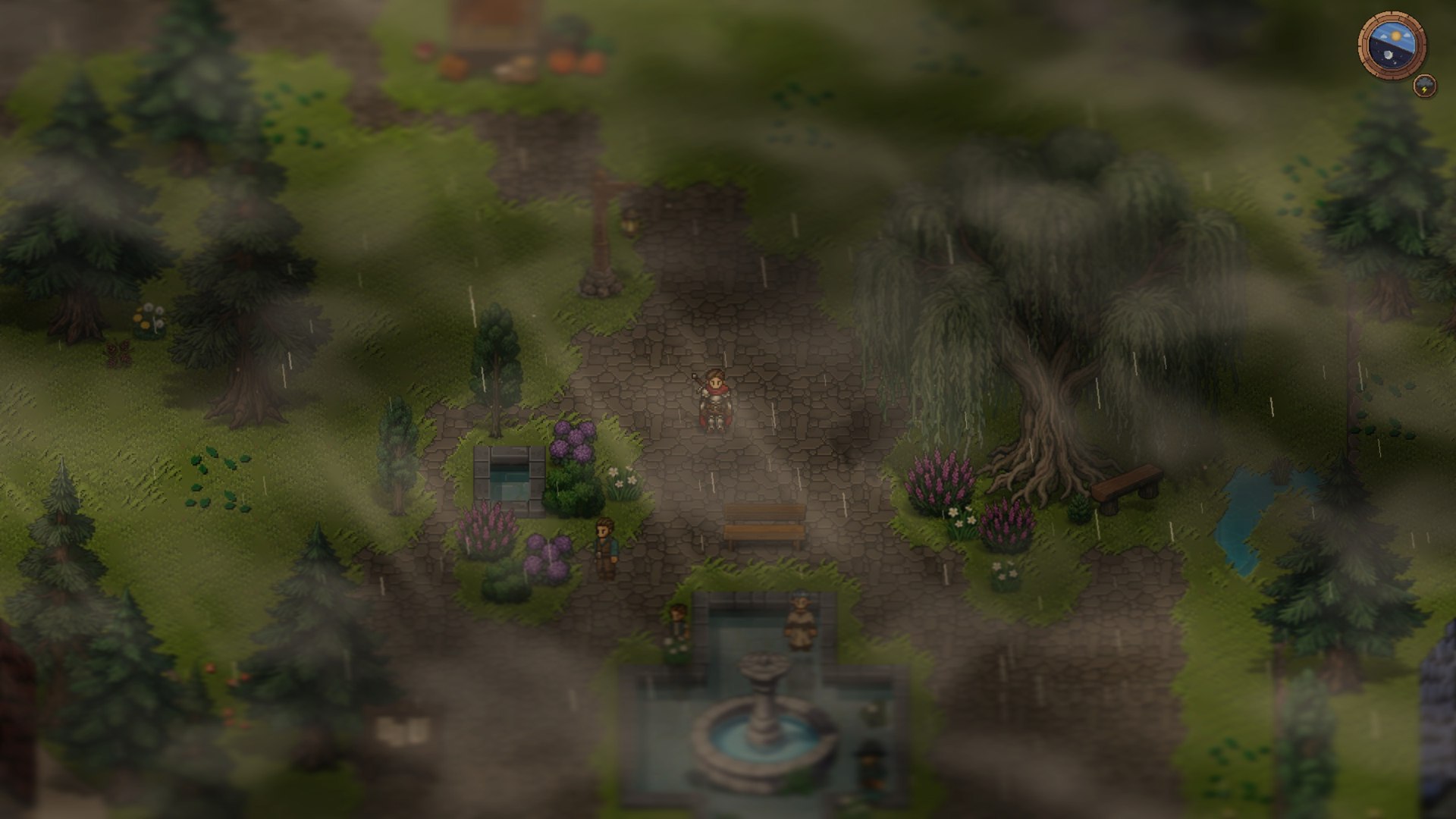 Dynamic weather: a thunderstorm rolls over Gr&uuml;nthal while the weather medallion signals lightning.